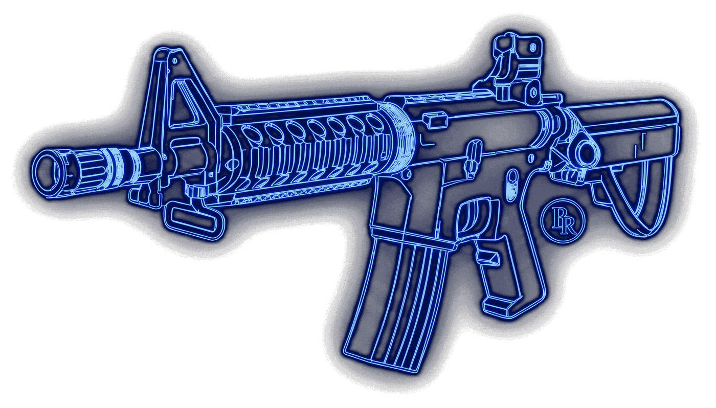 The BennyRich rifle in neon blue line art